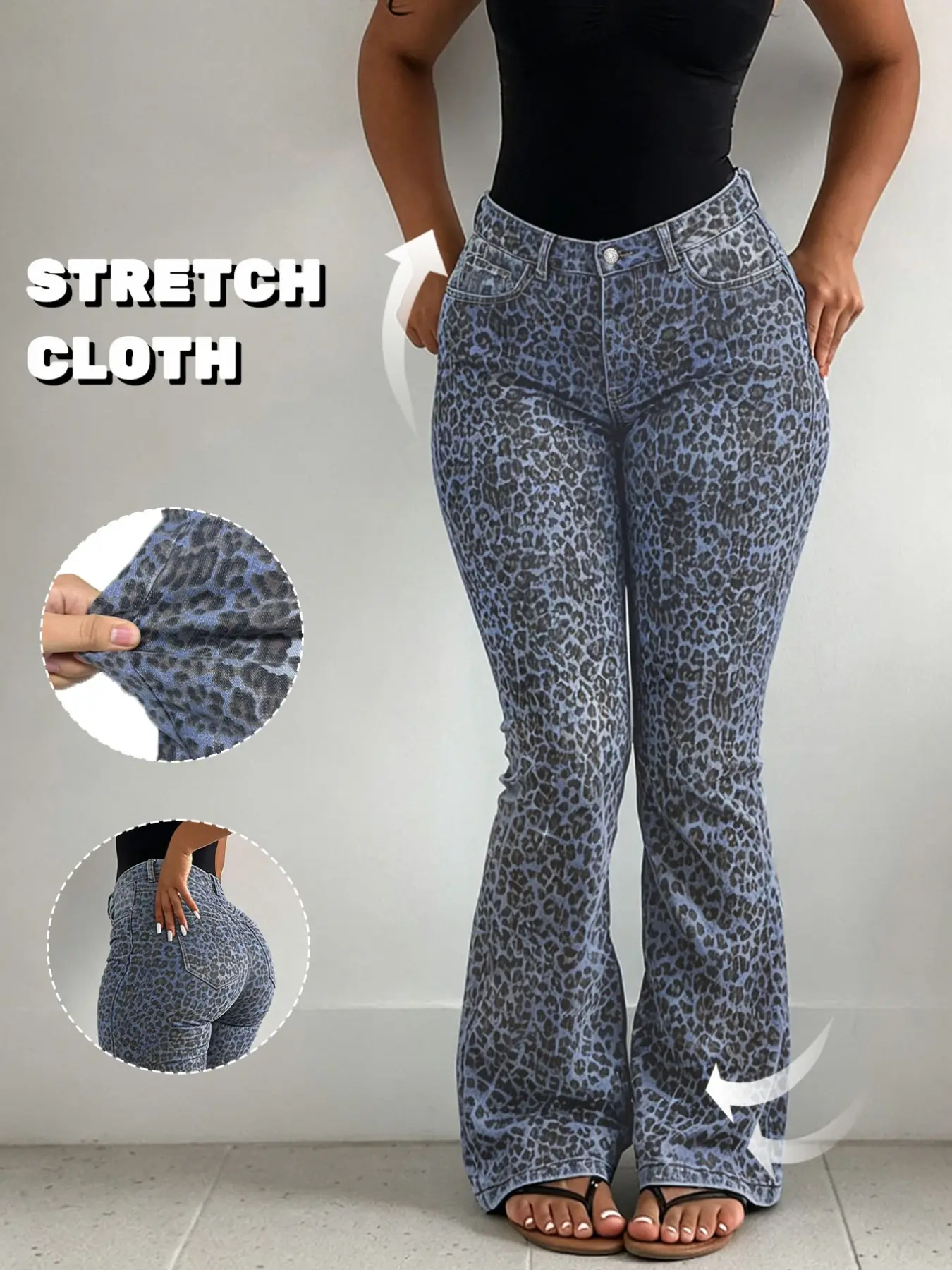 GILIPUR Women’s High Waist Blue Leopard Print Bell Bottom Jeans Super Stretch Curvy Fit Animal Pattern Flare Denim Pants Y2K Retro Club Streetwear TrousersTChic