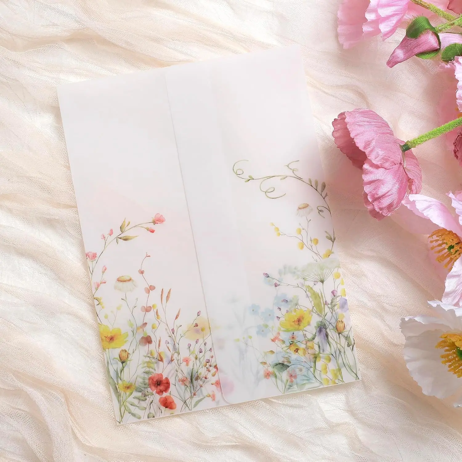 50 Pack Vellum Jackets for 5x7 Invitations - Pre-Folded 130GSM | Translucent Yellow Wildflower Vellum Paper Wraps with Chamfered  for Wedding Invitations,  Shower, Birthday Cards