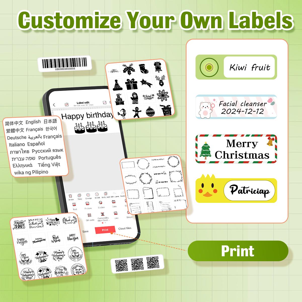 Portable Label Printer with Waterproof Self-Adhesive Labels (12mm X 40mm), Bluetooth-compatible Compatible with iOS & Android