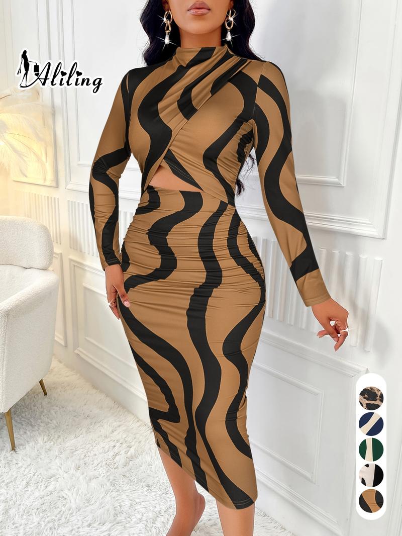 Aliling Women's Colorblock Print Cut Out Bodycon Dress, Elegant Fashion Casual Long Sleeve Dress for Daily Outdoor Wear, Women Dress for Spring Fall