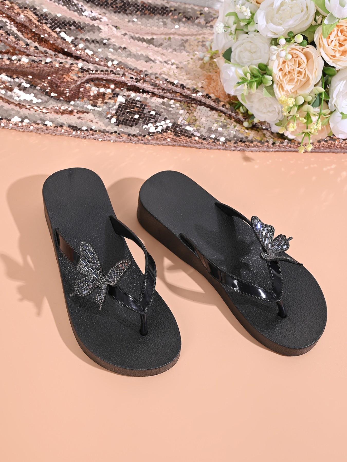 Flashy Butterfly Decor Sandals, Rhinestone Butterfly Thick Sole Slip-Ons, Luxury Flashy Butterfly Wedge Flip Flops, Casual PU Leather