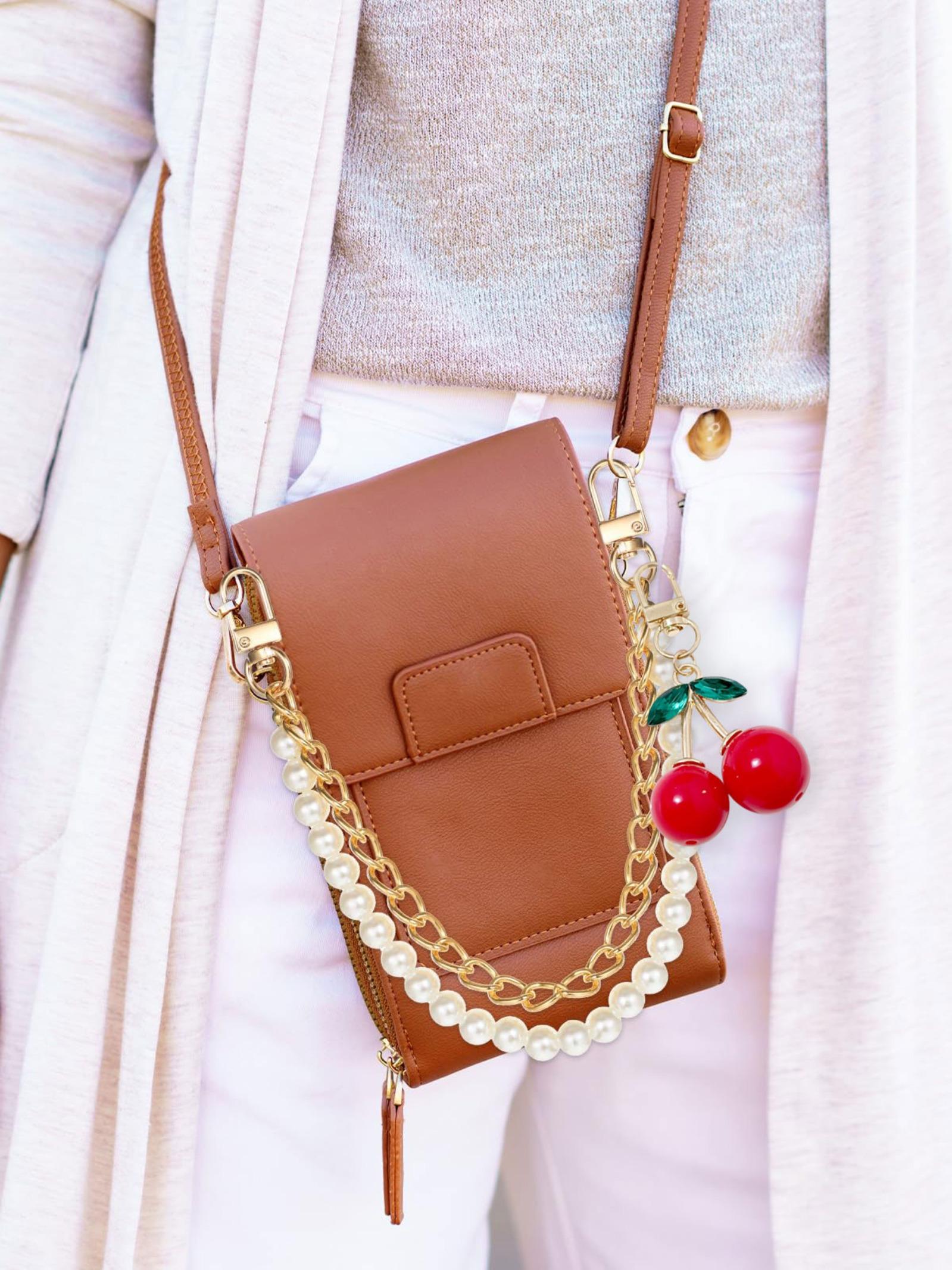 Faux Pearl Purse Chain Bag Charms with Cherry Keychain,Pearl Bag Chain Purse Charms for Handbags Pearl Purse Bag Chain Extender Gold Metal Purse Straps Extender Short Handle Replacement Handbag Strap Bag Purse Accessories Belt Chain Cherry Pendant Keyring