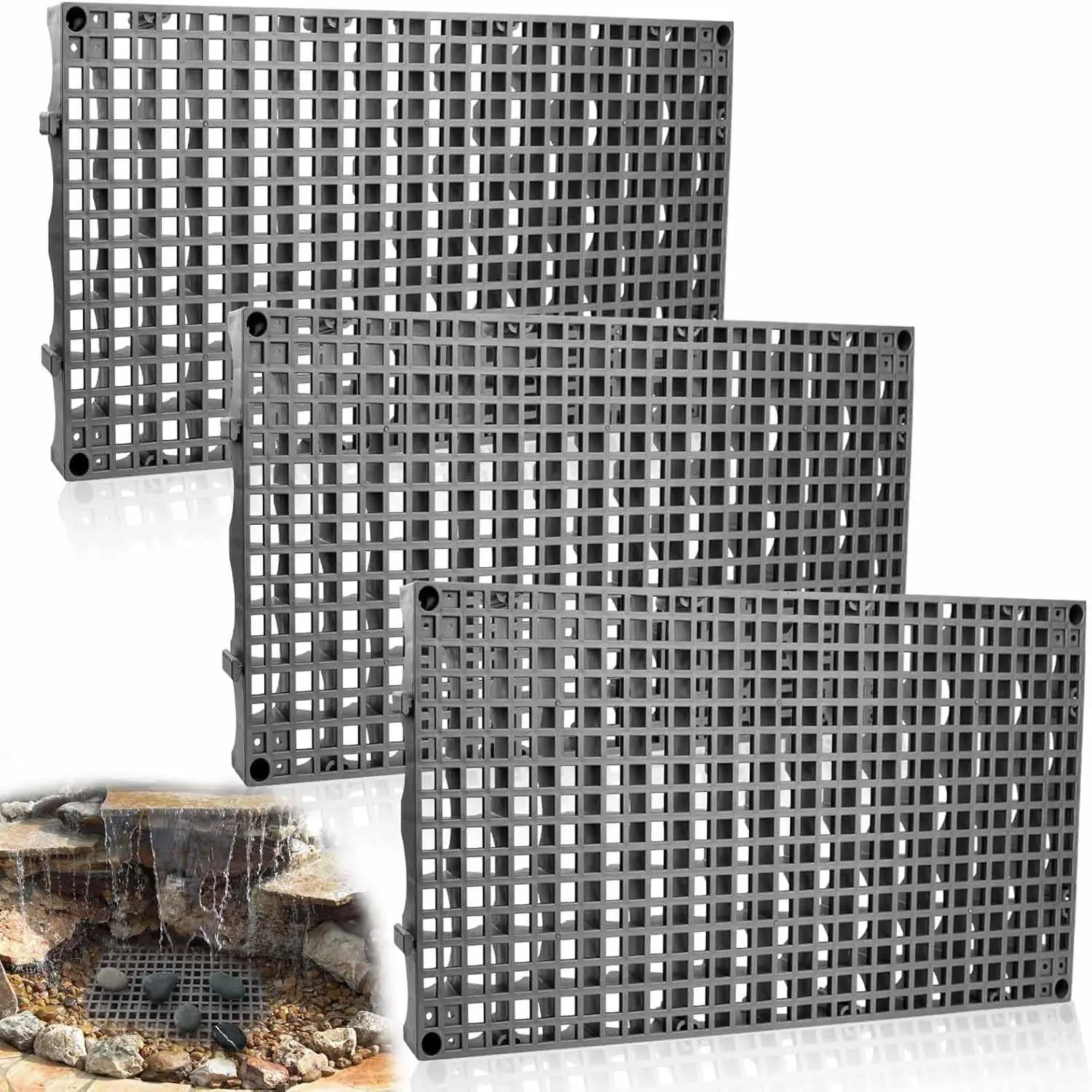 3 Pack Heavy Duty Fountain Basin Grate 24"x 12" Pondless Waterfall | Water Grid for Raised Beds | Indoor Outdoor Ponds | Water Gardens