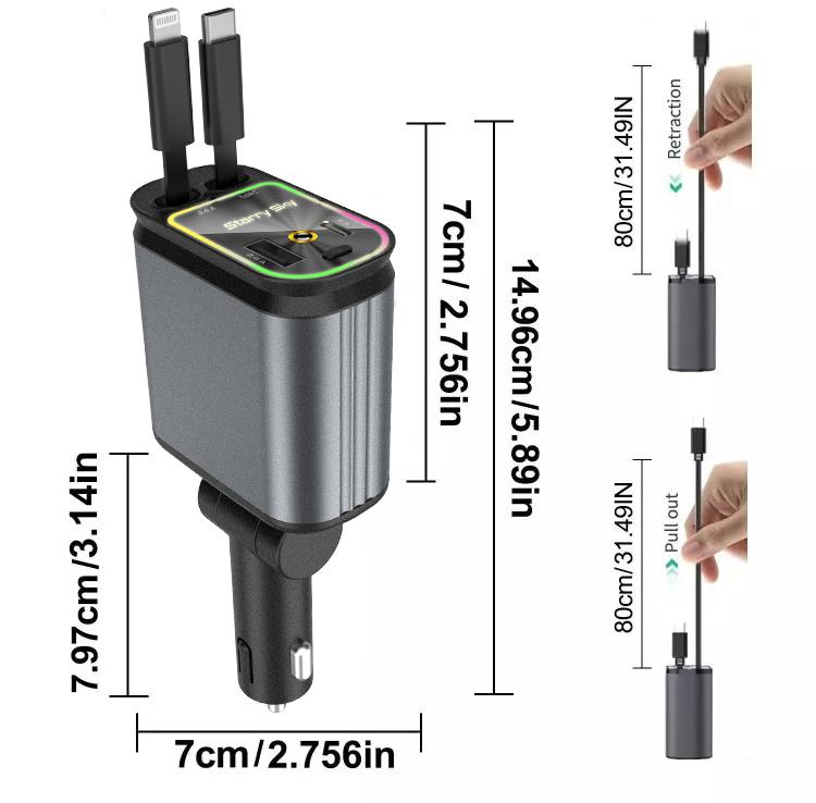 4-in-1 Headliner Fast Charging Retractable Car Charger Starlight Roof Projector with Red and Blue Light, 31-inch Retractable Cable (for Type-C and iOS Devices),- Travel Car Accessories​​