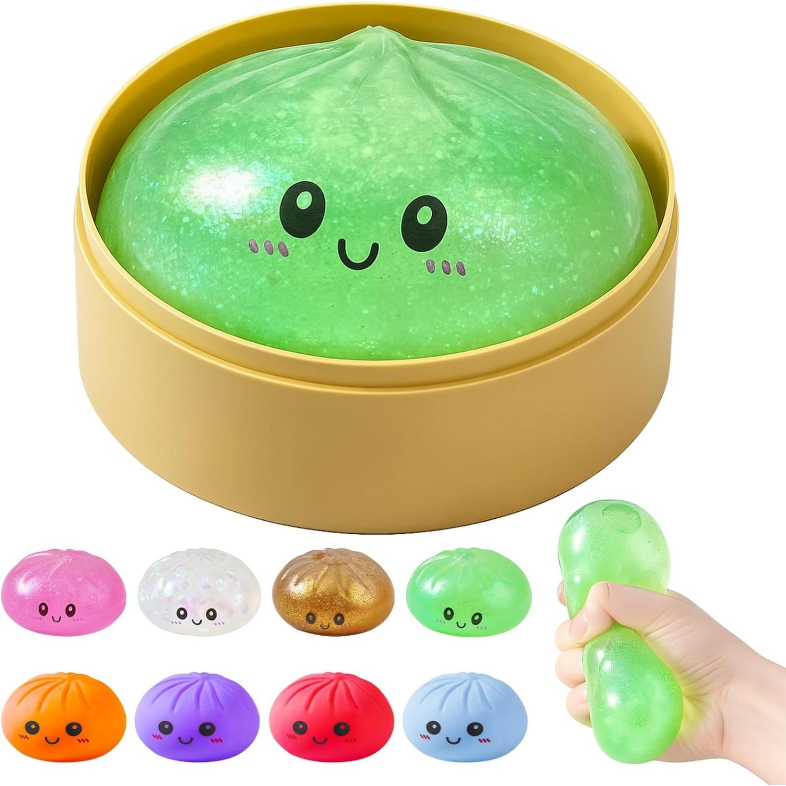 Dumpling Squishies, Glitter Dumpling Mystery Box, Colorful Dumplings Stress Balls Fidget Sensory Toy, Stocking Stuffers with Food Steamer Stretchy Desk Toys (Blue)