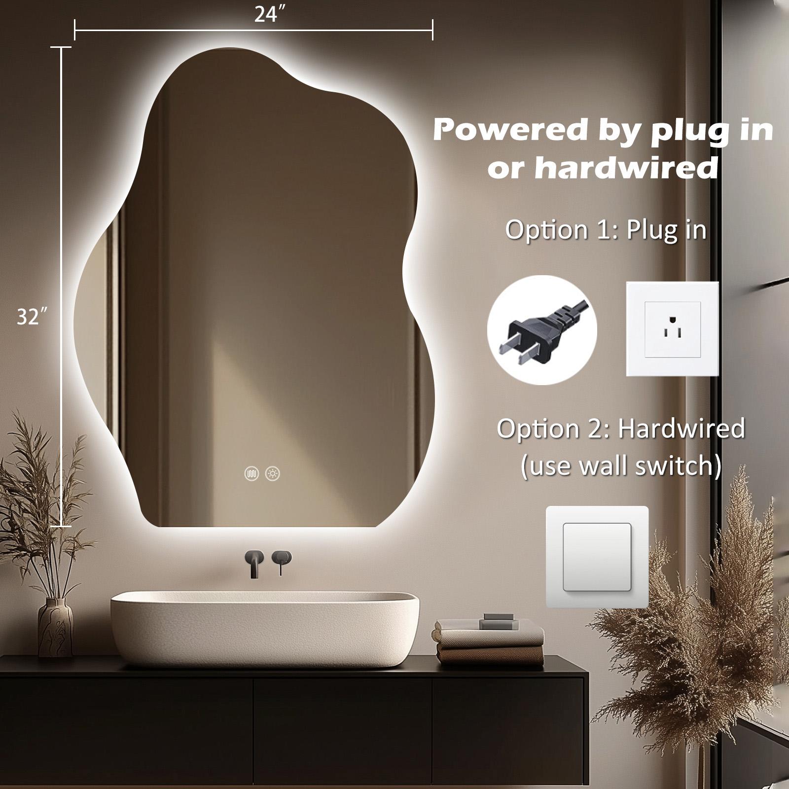Yoding LED Bathroom Mirror 24x32" Stepless Dimmable Irregular Mirror with Light Anti-Fog Memory Al-Alloy Lampshade Frameless Water Proof Makeup Mirror for Bathroom Vertical Only