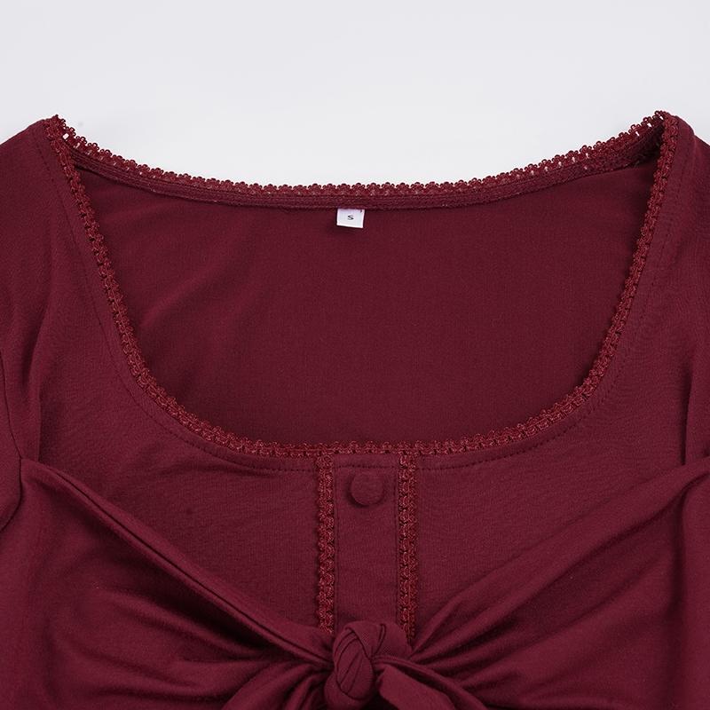 Elegant Flared Bell Sleeve Buttoned Slim Fit Women's T-Shirt, Bow Tie Ruffle Hem Street Style Top, Y2K Patchwork Long Sleeve Tee