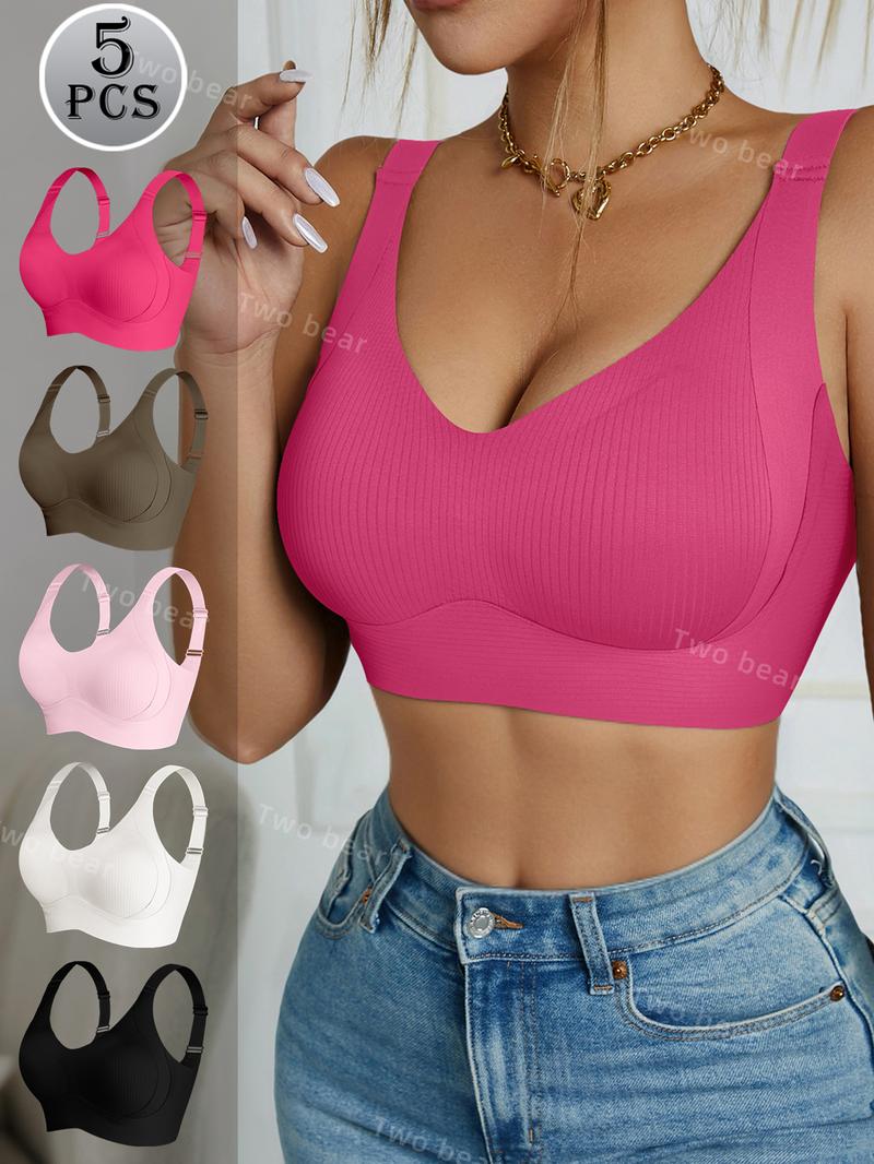[7/5/4/3Pcs]Women's Solid Four-breastedAdjustable Wireless Bra,Curvy SoftComfortable BreathableRibbed PushUp Seamless Bra,Women's Lingerie forAll Seasons,Womenswear