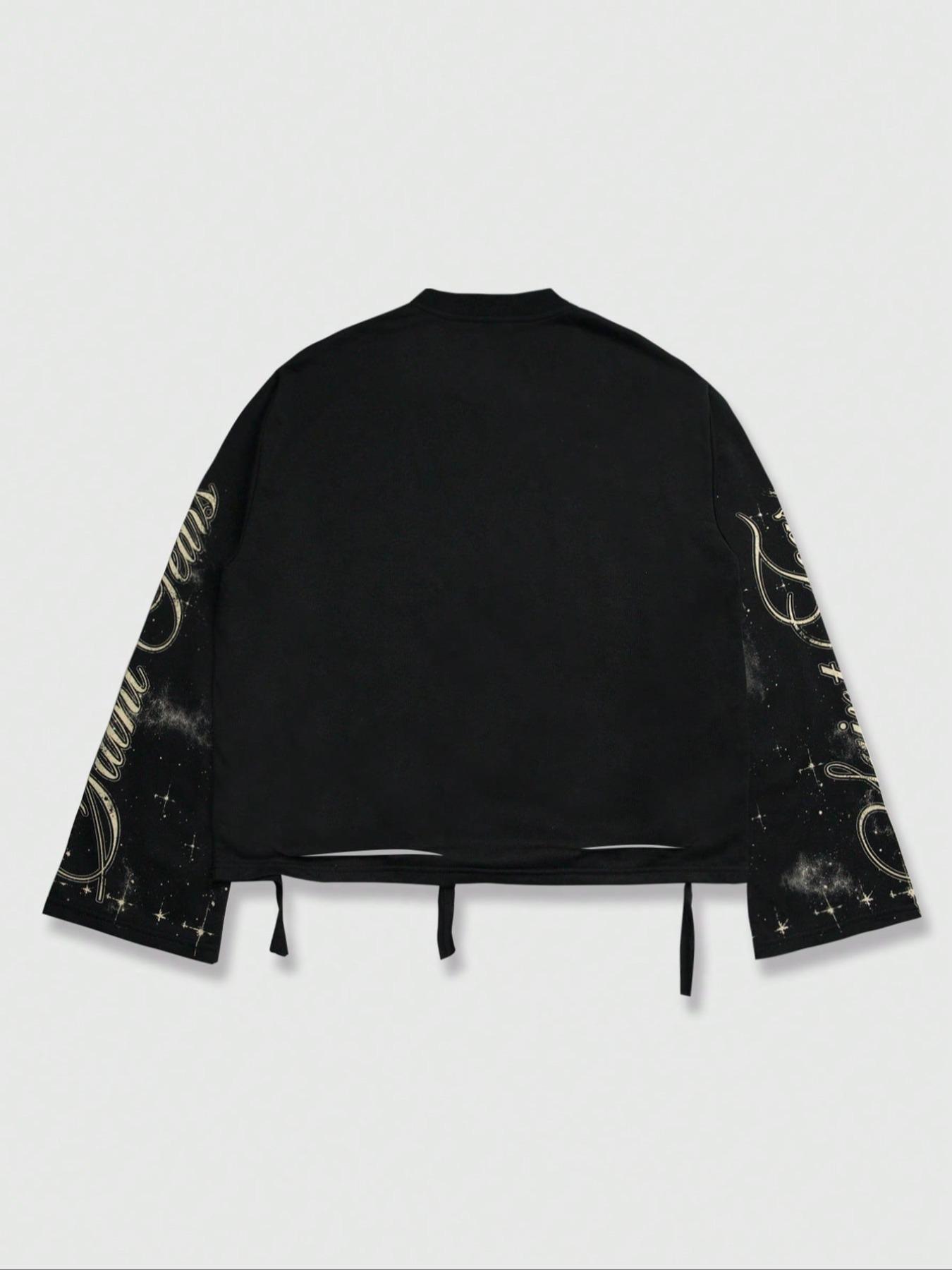 Men's Vintage Street Style Saint Graphic Print Long Sleeve Round Neck T-Shirt, Loose-Fitting Short Fit, Fall 2000s Fashion