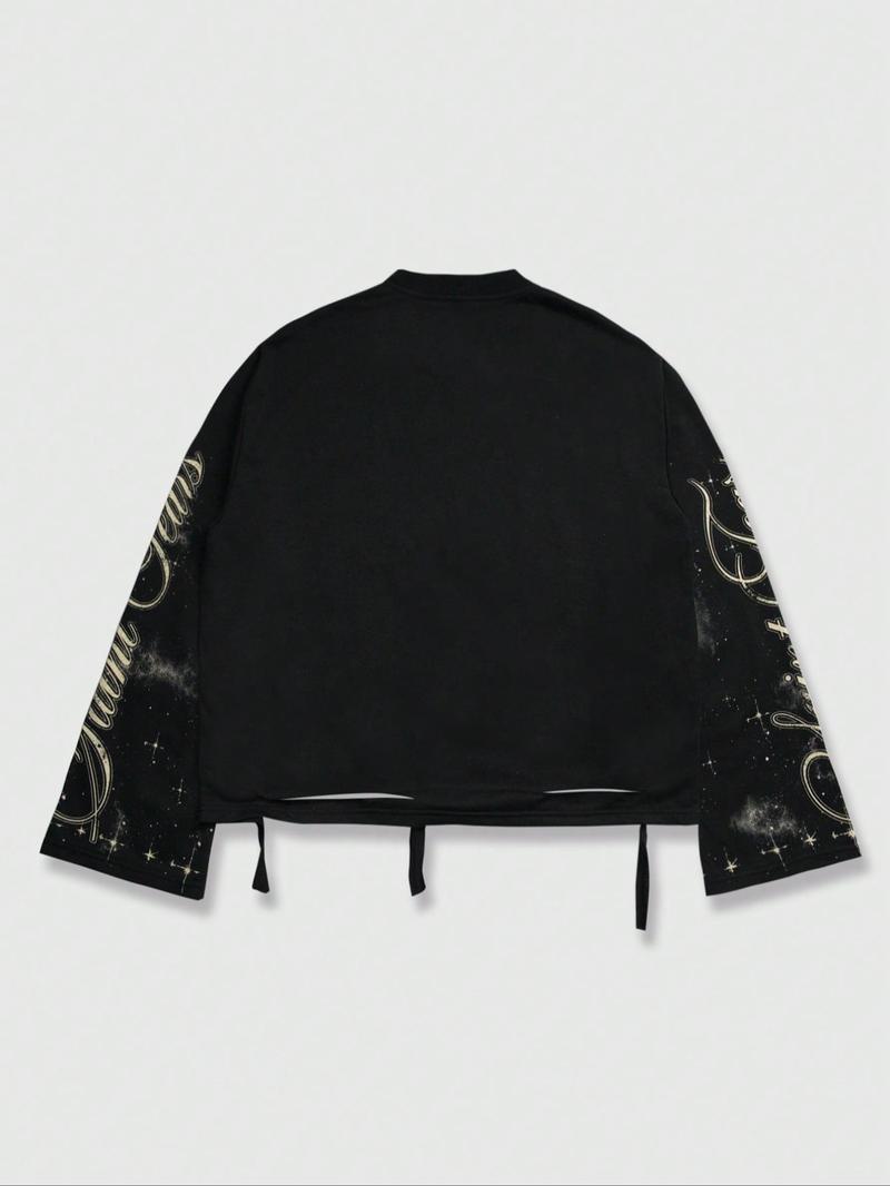 Men's Vintage Street Style Saint Print Long Sleeve Round Neck T-Shirt, Loose-Fitting Short Fit, Fall 2000s Fashion