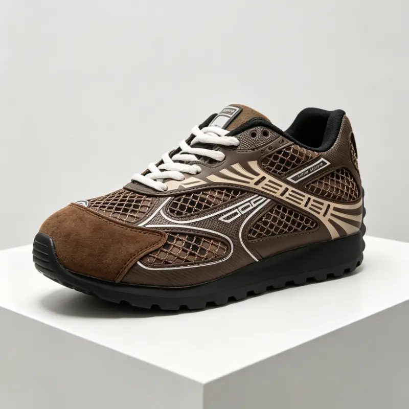 Unisex Vintage Mesh Trail Running Sneakers Breathable Fishnet Upper Non Slip Rugged Rubber Outsole Retro Low Top Lace Up Athletic Trainers Lightweight Shock Absorbing Daily Casual Walking Shoes Trendy Brown Colorway Streetwear Fashion Outdo