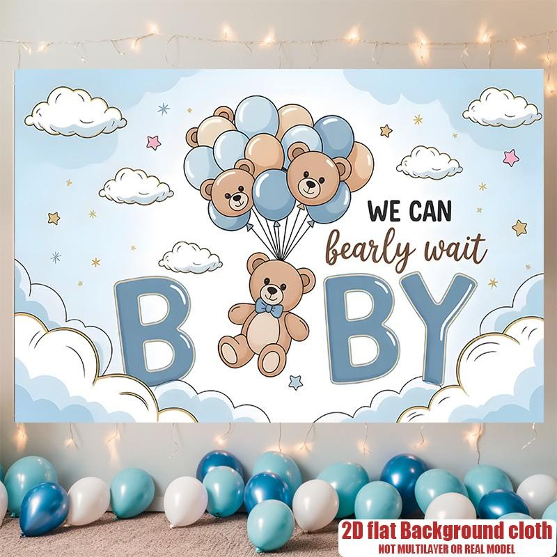 2D Flat, 1pc Adorable Bear & Balloon Shower "We Can Barely Wait"  Banner - Cute Bear Cub with Balloons Wall Decor, Party Background, Clear HD Print Polyester banner