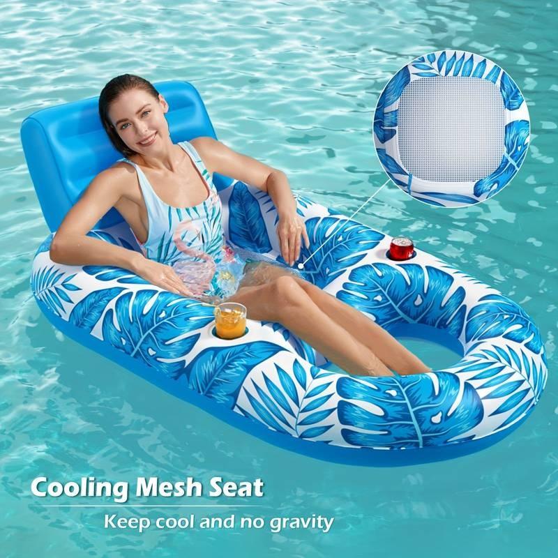 Leaf Pattern Floating Lounger Chair, Inflatable Cup Holder Pool Float Bed, Perfect for Pool Parties, Comfortable and Relaxing