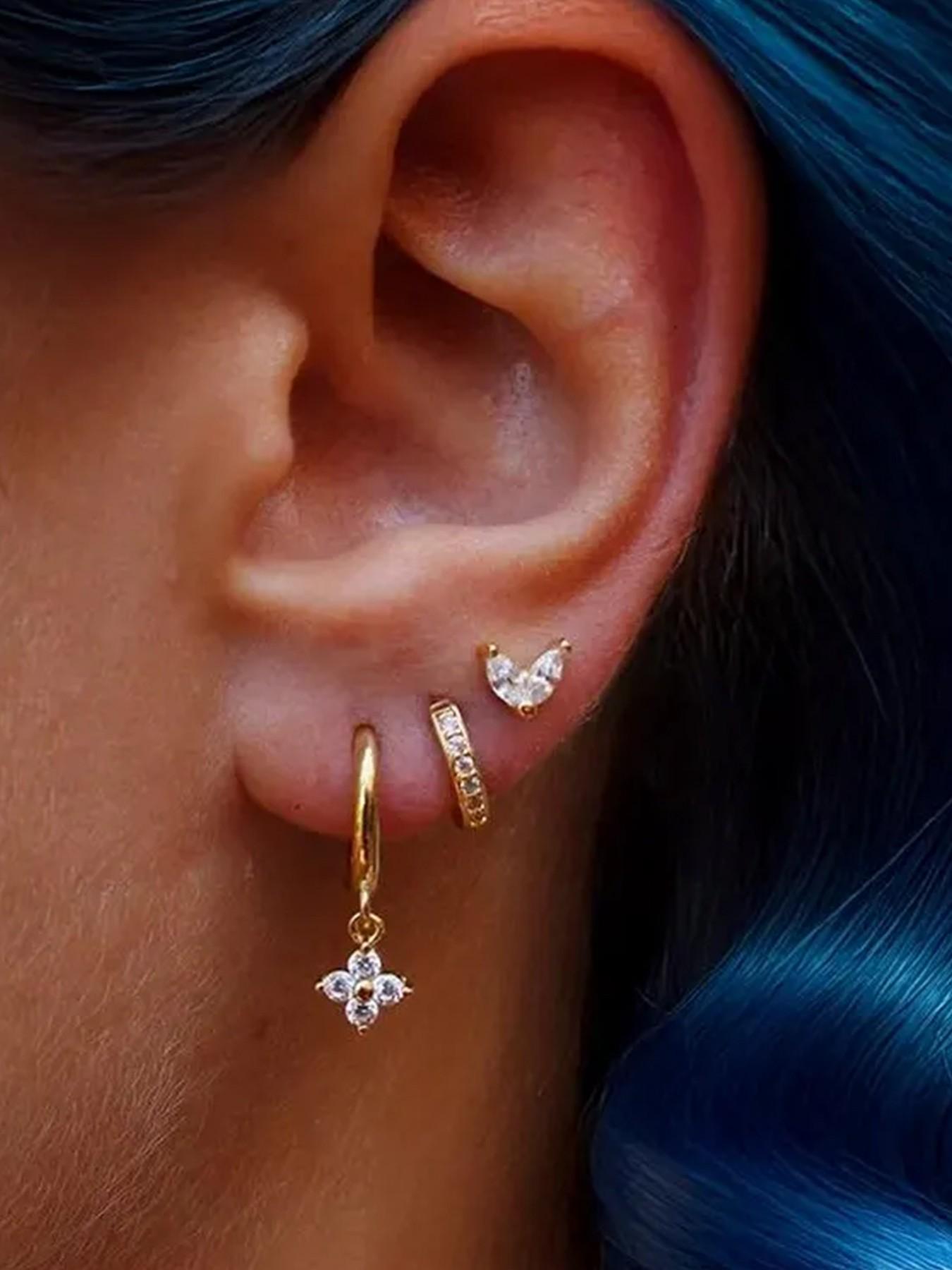 3-Piece Stackable Earrings Set, Floral Dangle Ear Cuffs + Rhinestone Studs + V-Shaped Hoops, Allergy-Free, Trendy for Office & Dates