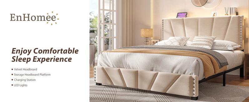 Full/Queen/King Size LED Bed Frame with Velvet Storage Headboard Platform Bed with Charging Station, No Mattress, Sturdy Wooden Slats Support