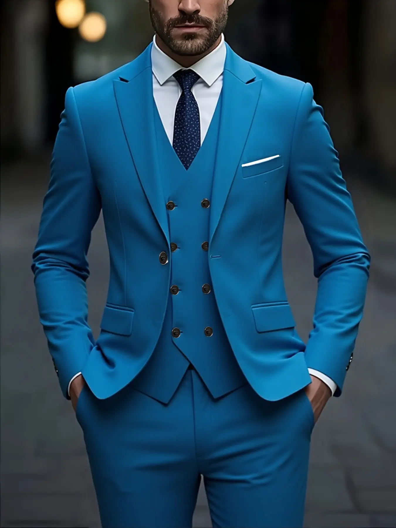 Men's Three-Piece Elegant Suit Set, Plain Slim-Fit Blazer, Vest, Wedding Jacket, Groom Wedding Attire, Formal Party Business Wear, Long Sleeve Casual Style