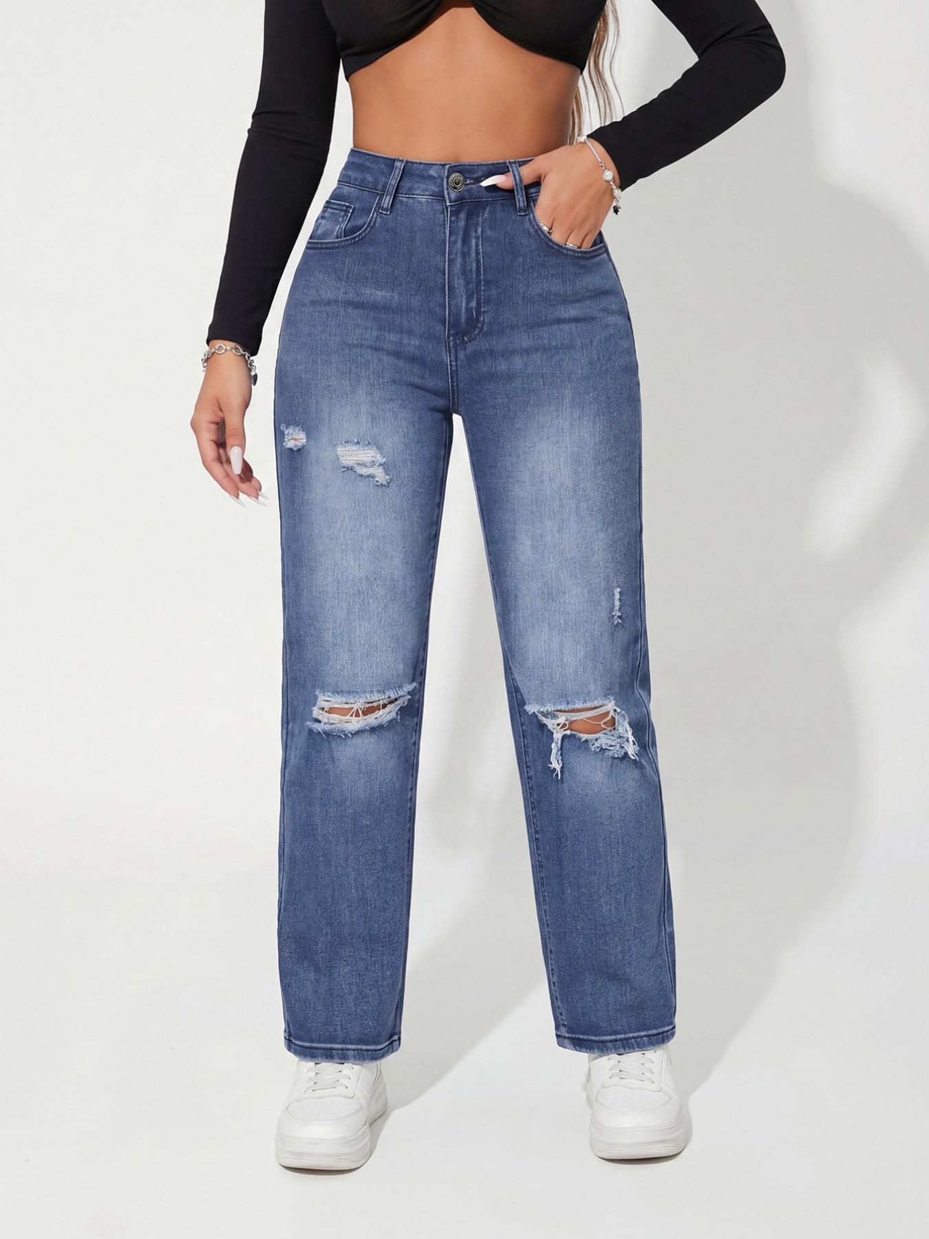 Women's High Waist Medium Blue Washed Ripped Straight Leg Denim Jeans, Vintage Style, Casual American Streetwear, All Seasons