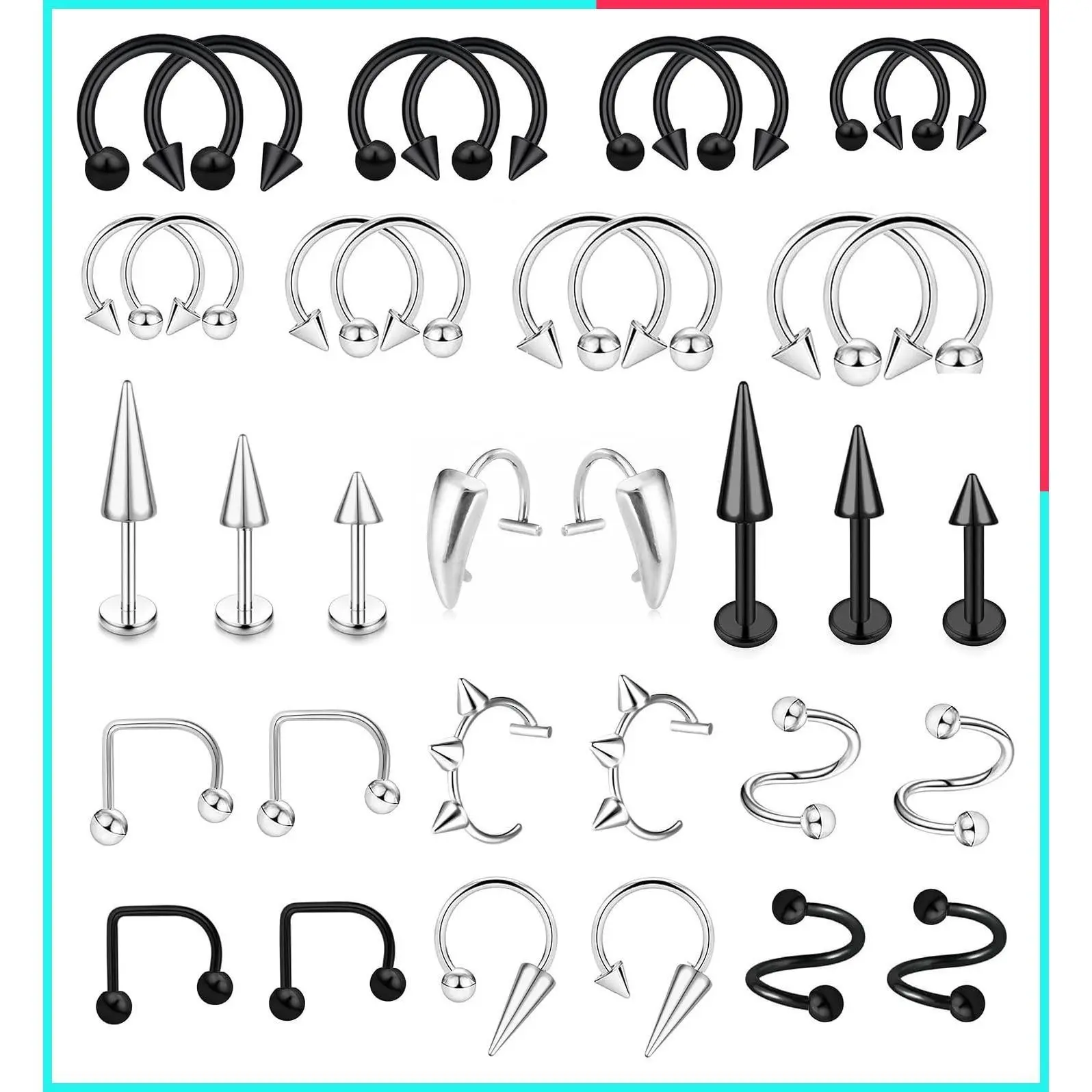 36Pcs 16G Stainless Steel Body Piercing Jewelry Set Lip Rings Snake Bite Labret Medusa Spiral Barbell Helix Tragus Earrings Hoop Horseshoe Septum Nose Cartilage Piercings