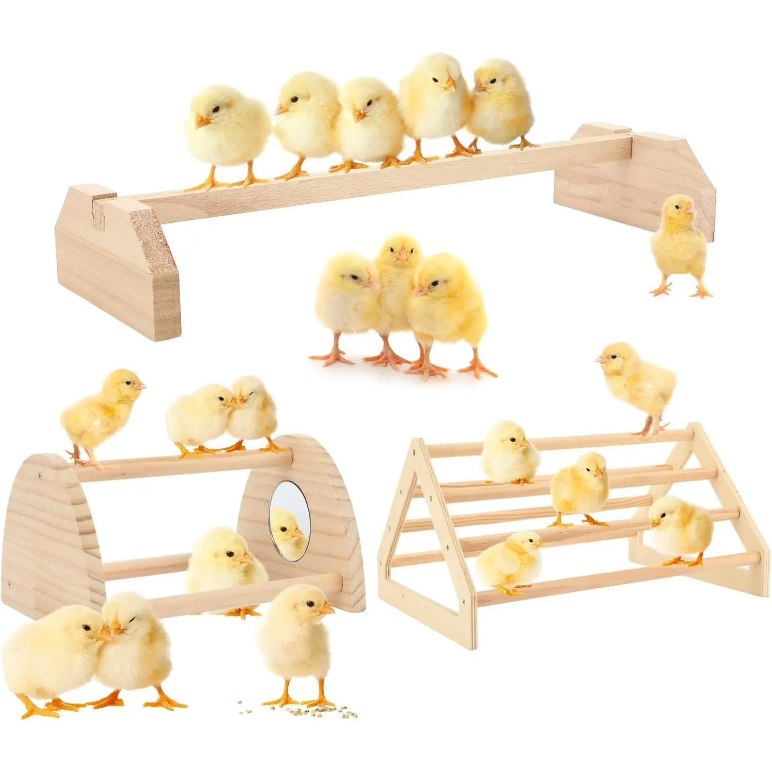 BreezeHug 3 Pcs Chicken Roosting Bar Set Wooden Chick Perch Prevent Rotation Design with Mirror Long Strip Large Triangle Stand Platform for Bird Parrot Macaw Hens Coop Brooder Fun Toys Accessories