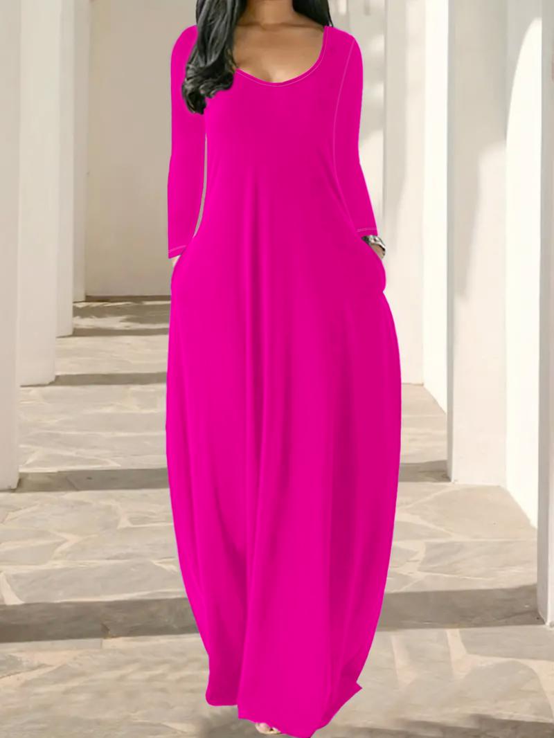 Women's Solid Color Pocket Lounge Dress, Casual Comfy Long Sleeve Dress for Daily Wear, Ladies Sleepwear Loungewear for All Seasons