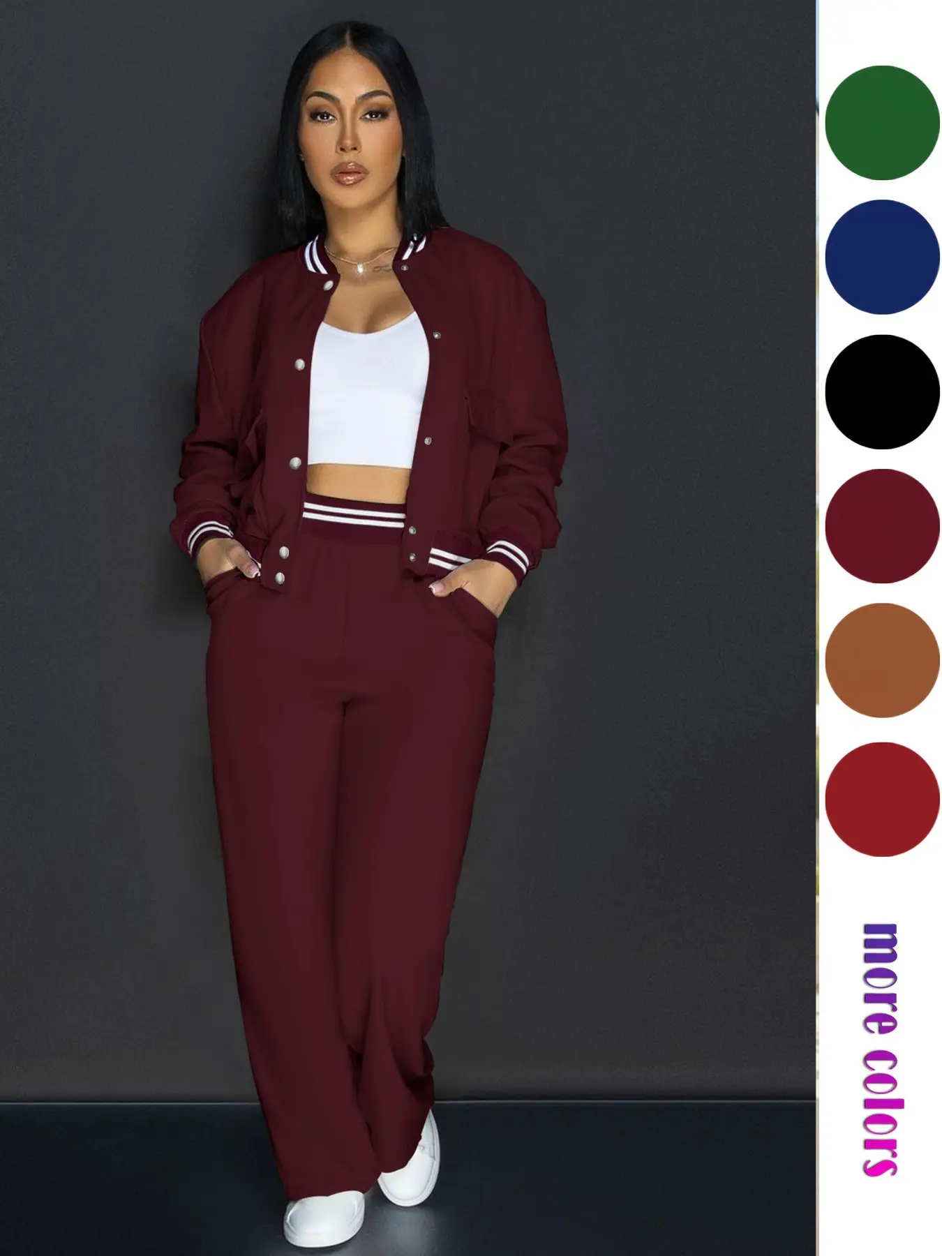 2026 Spring Casual 2 Piece Tracksuit, Athleisure Tracksuit for Women, Button Front Striped Trim Baseball Jacket and Wide Leg Pants Lounge Set, Athleisure Outfits
