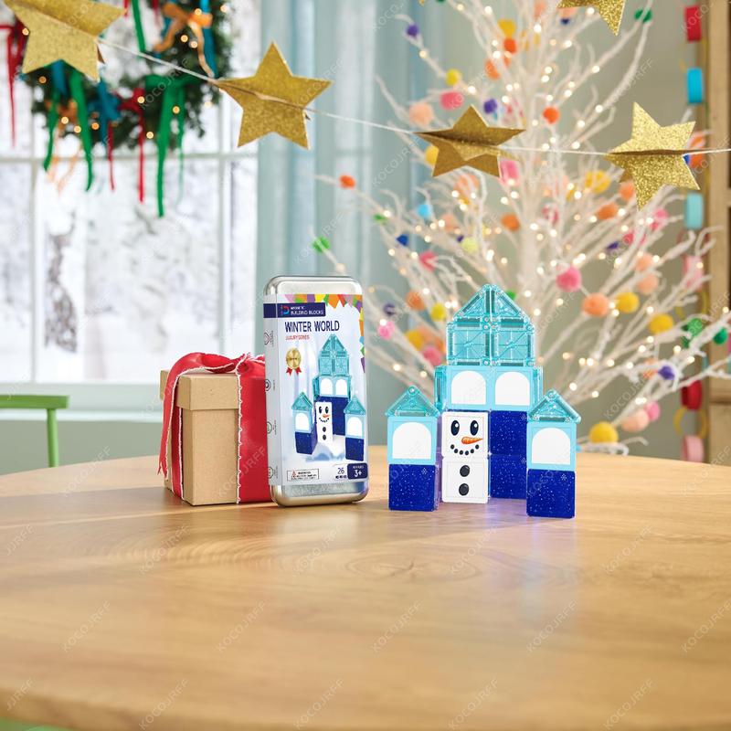 Winter Snowman Magnetic Building Set, Magnetic Building Blocks, Travel Kit with Multiple Construction Options, Boy Girl Birthday Gift, Christmas New Year Present