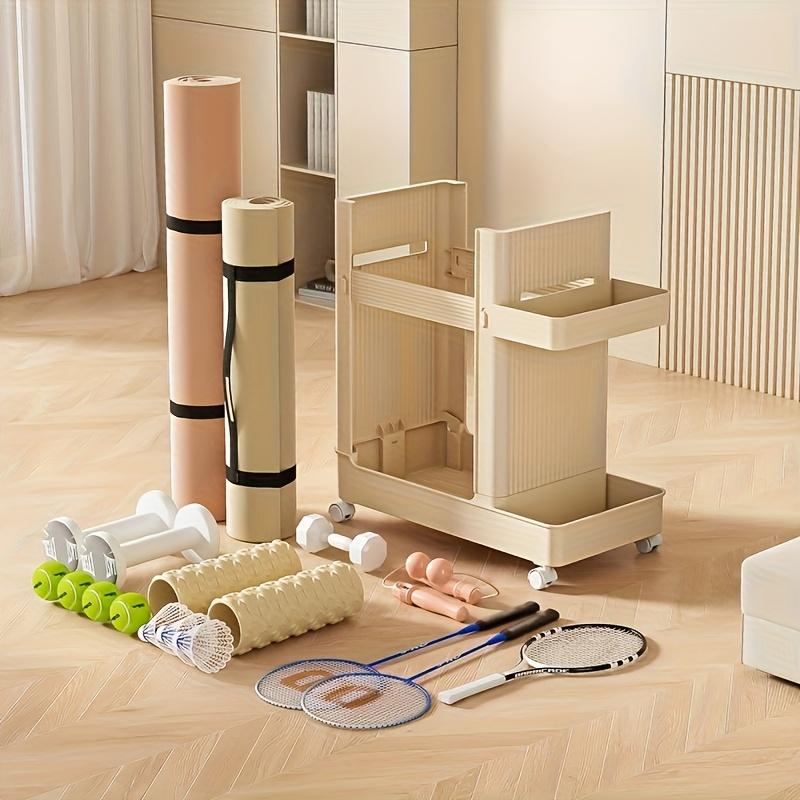 Space-Saving Vertical Fitness Storage Rack, Multi-Functional Organizer for Yoga Mats, Badminton Rackets & Table Tennis Rackets, Plastic Material