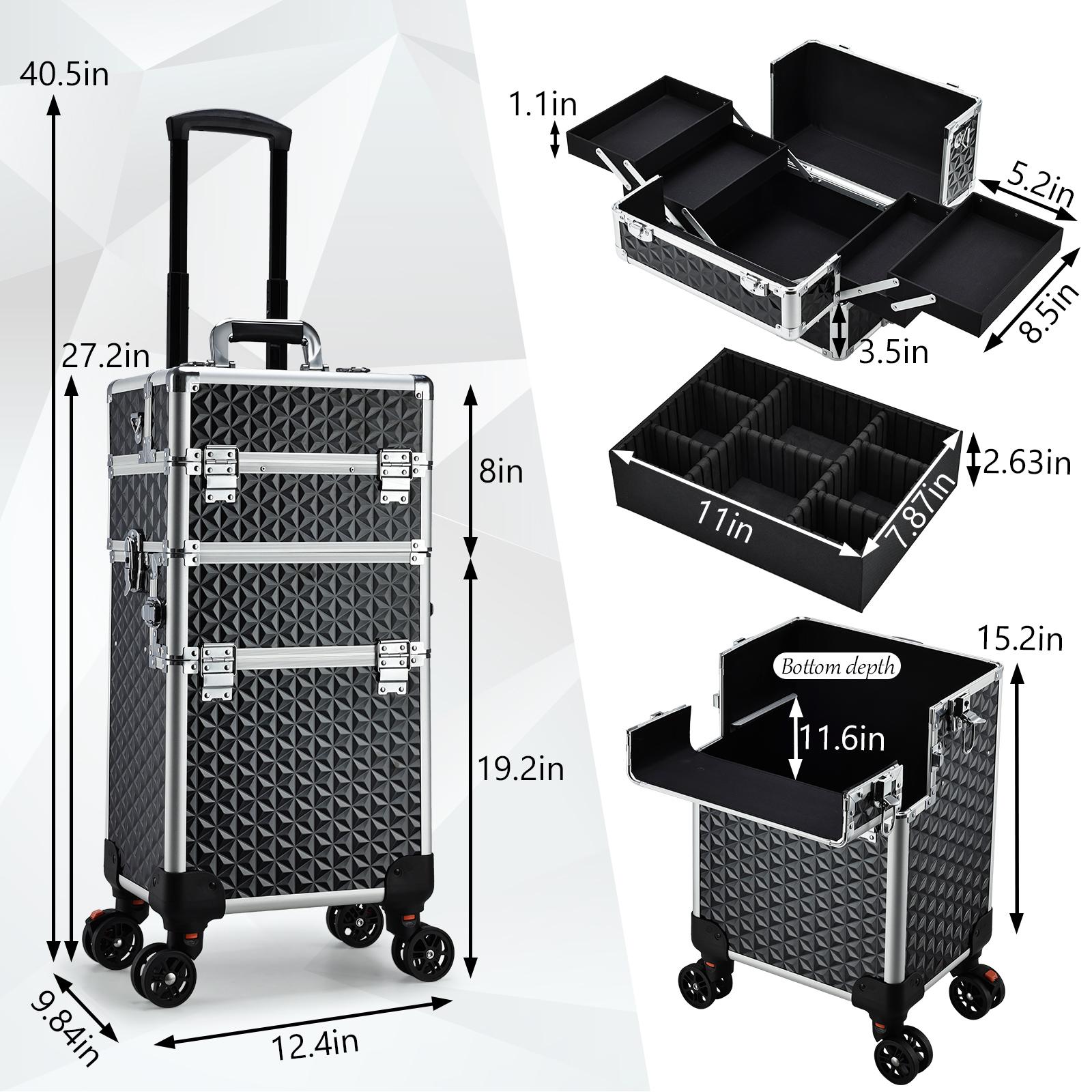 3 in 1 Rolling Makeup Train Case Large Cosmetic Trolley Salon Barber Case for Make Up Hairstylists Nail Tech Aluminum Makeup Trolley Case