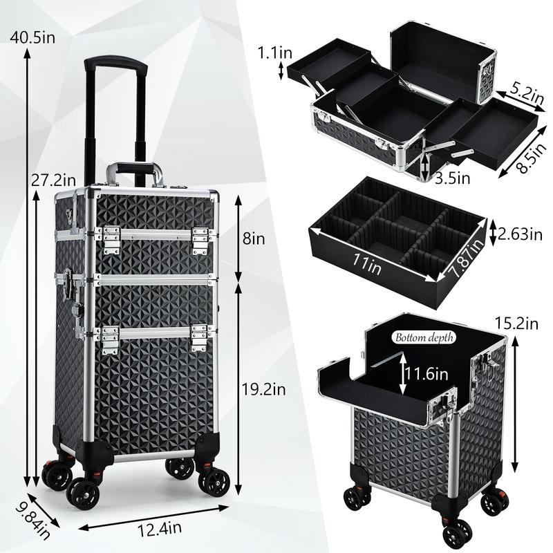 3 in 1 Rolling Makeup Train Case Large Cosmetic Trolley Salon Barber Case for Make Up Hairstylists Nail Tech Aluminum Makeup Trolley Case