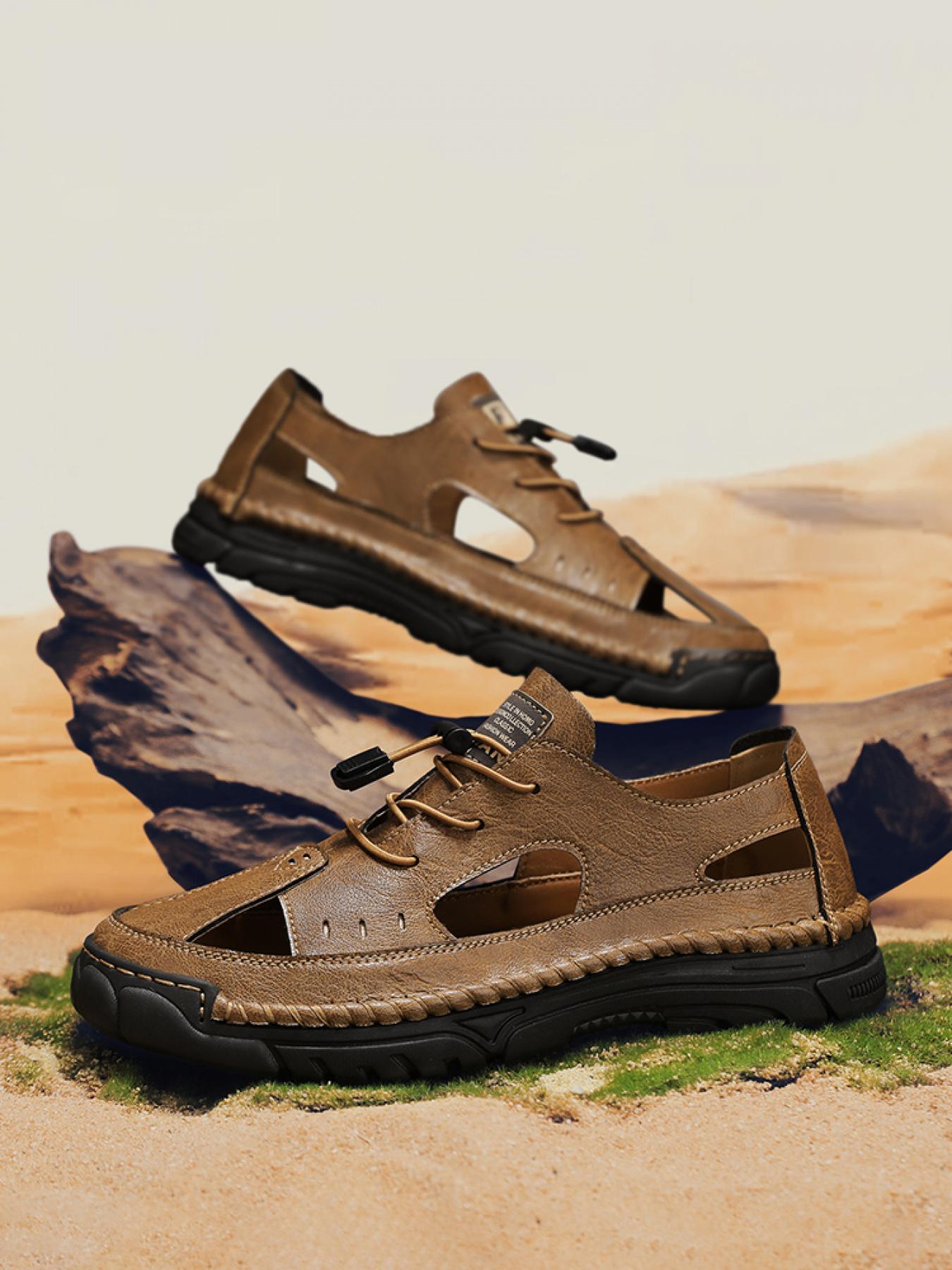 Men's Solid Color Hand-Stitched Closed-Toe Sandals Drawstring Soft Sole Water Shoes Breathable Slip-On Outdoor Beach Shoes