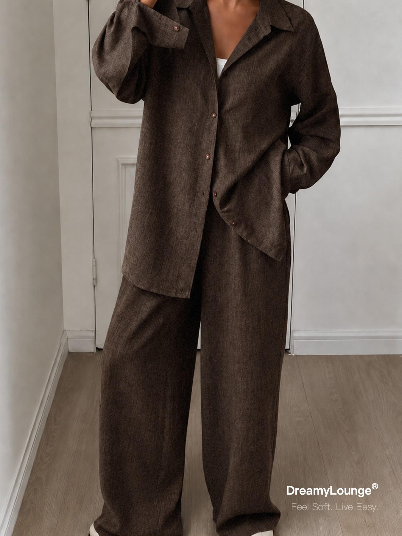 2-Piece Set DreamyLounge Women's Textured Linen-Look Loungewear Set, Oversized Button Down Shirt and Wide Leg Pants Matching Set for Travel, Coffee Run and Everyday Wear