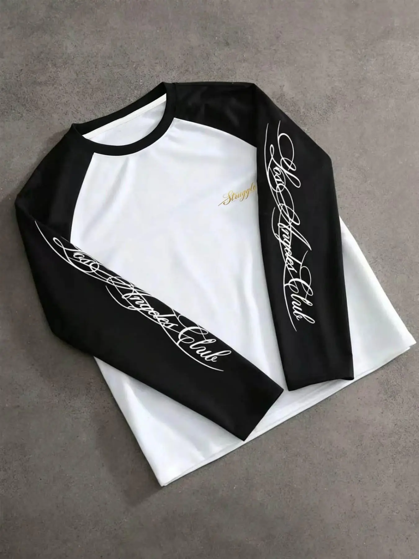 Unisex Menswear Black & White Raglan Sleeve Los Angeles Club Script Print Long Sleeve T-Shirt | Y2K Grunge American Retro Streetwear Top