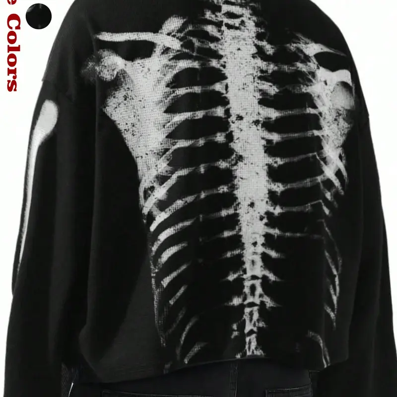 Men's Waffle Crew Neck Long Sleeve Top, Vintage Skull Print, Breathable Fabric, Punk Gothic Y2K Streetwear, Casual Daily Wear