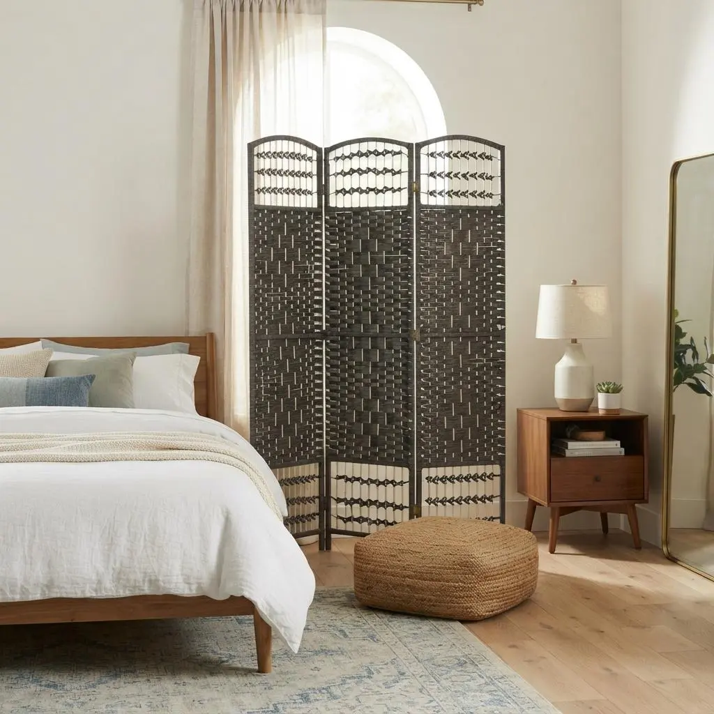 3-Panel Folding Room Divider, Portable Wave Fiber Design Privacy Screen Partition, Freestanding Decorative Space Separator for Home, Office, Dark Gray