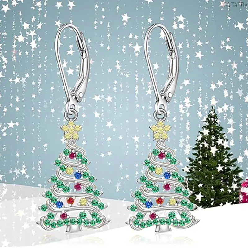 Shiny Christmas Tree Dangle Earrings for Women, Zircon Inlaid Star Tree Earrings for Christmas Matching