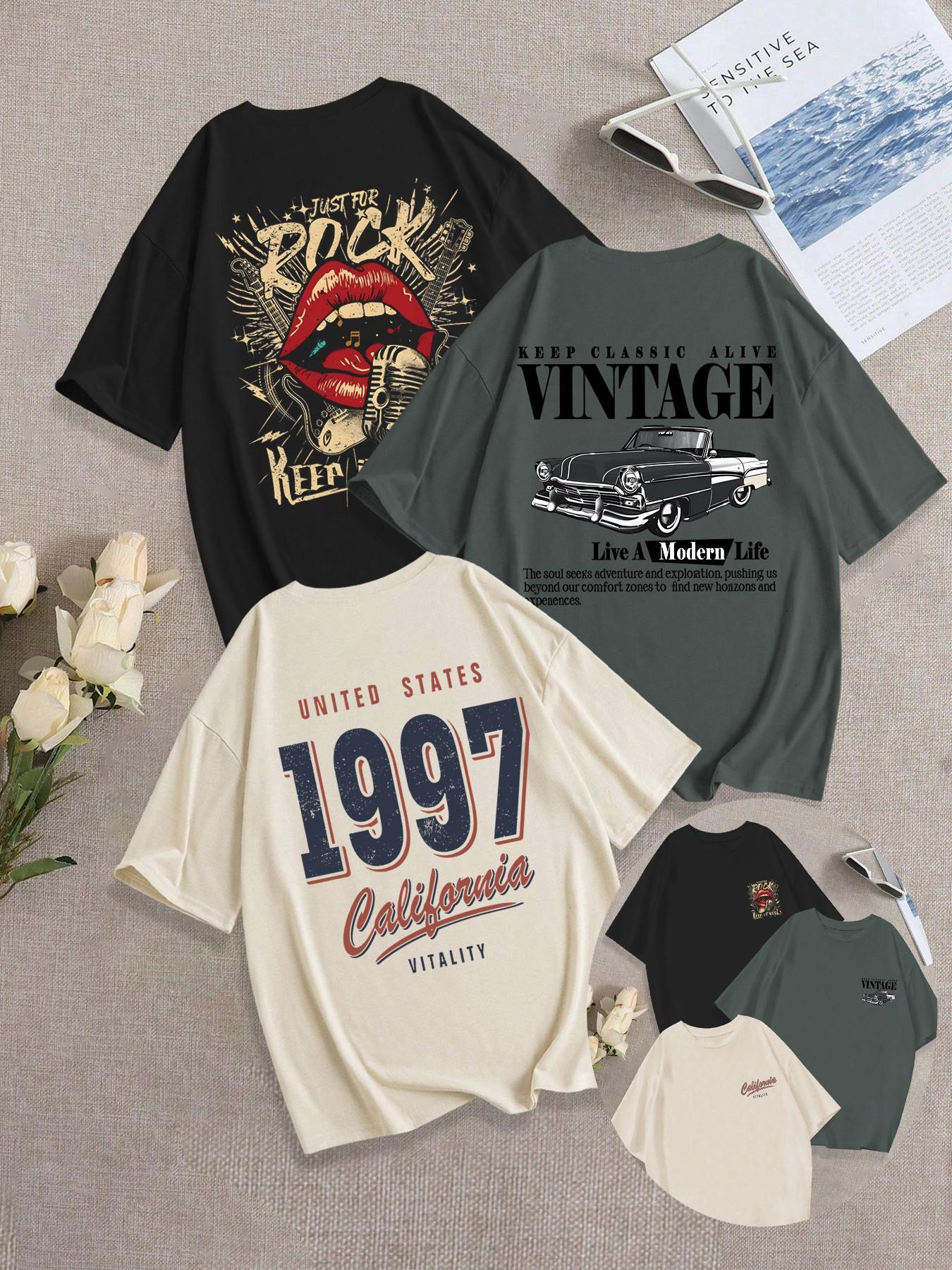 3-Pack Breathable Casual, Classic Loose Fit Round Neck T-Shirt, Vintage Comfortable Mouth/Car Pattern Print Daily Wear, Trendy Summer Tee