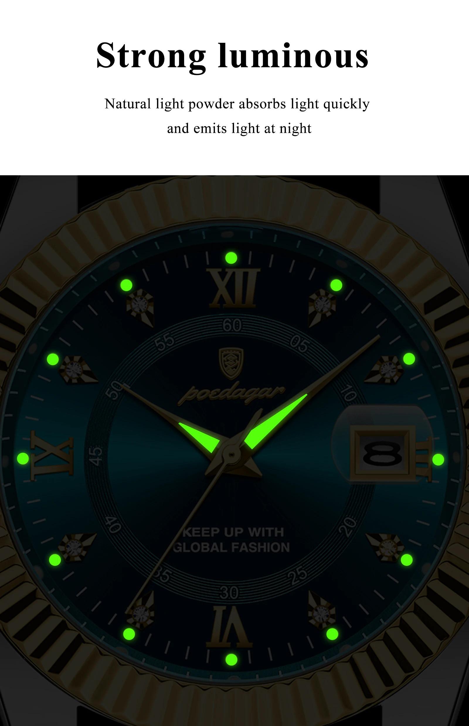 POEDAGAR Men's Quartz Analog Watch Waterproof Date Week Night Light Watch Stainless Steel Men's Watch Men's Clock Sport Reloj