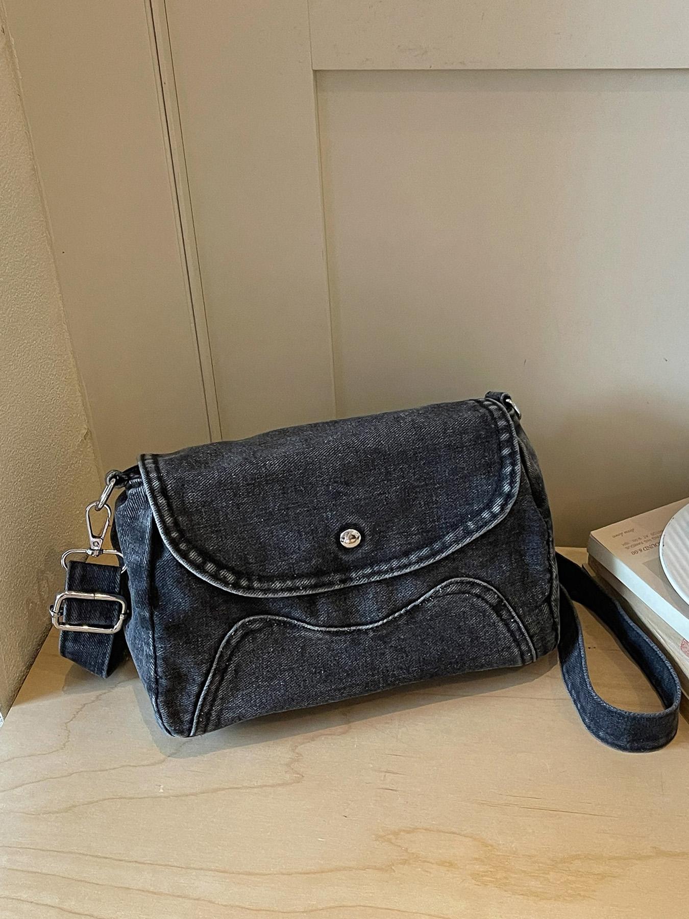 1pc Solid Black Washed Denim Saddle Crossbody Bag, Snap Button Flap Cover Adjustable Wide Shoulder Strap Retro Casual Shoulder Bag For OOTD Shooting, City Shopping, Cafe Hangouts, Weekend Trips, For Y2K Street‑style Fashion Women