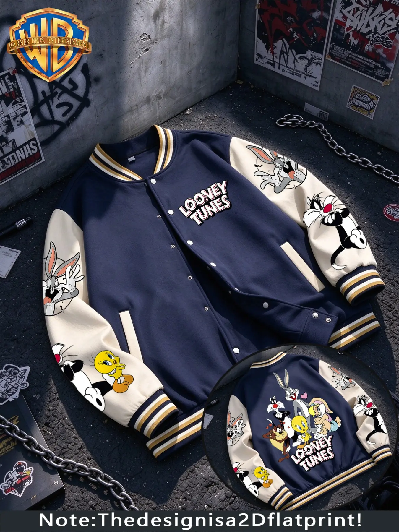Warner Bros Licensed Looney Tunes Bugs Bunny Tweety All Characters Cartoon Print Varsity Jacket, Color Block Baseball Coat, Streetwear Top, Fleece Lined Warm Fall Winter Clothing, For Sports, Outdoor Activities, Camping & Travel, Suitable for Daily Life,