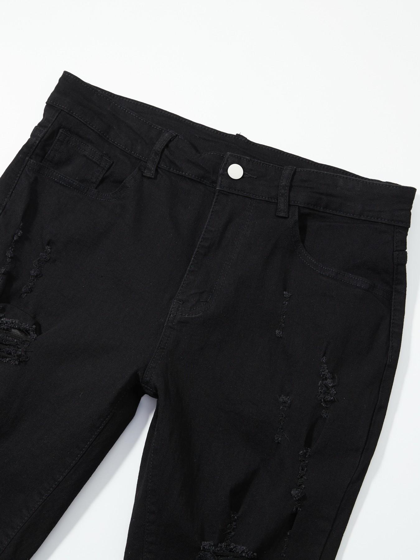 Men's Summer Washed Denim Shorts, Large Ripped Hem, Slim Fit Straight Leg, Streetwear Hip Hop Casual Five-Quarter Pants