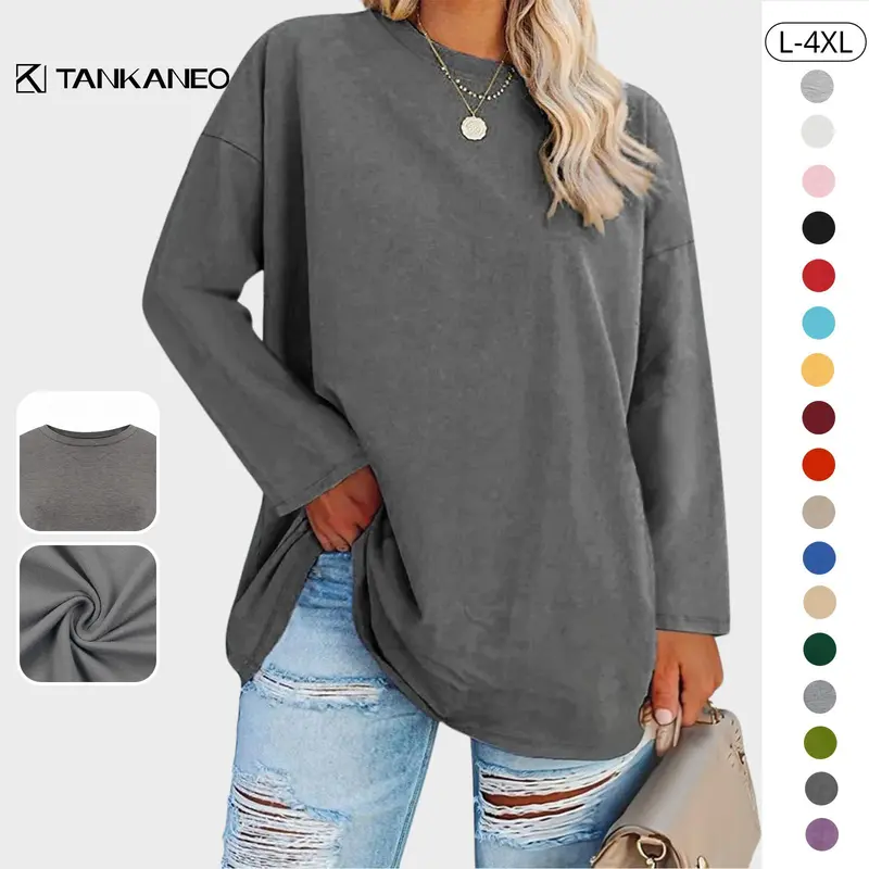 Tankaneo Womens Plus Size Tops Long Sleeve | Crew Neck,Loose Fit Tunics Tops,Casual,Winter Clothes,Lightweight,Basic T-Shirt,Solid Color