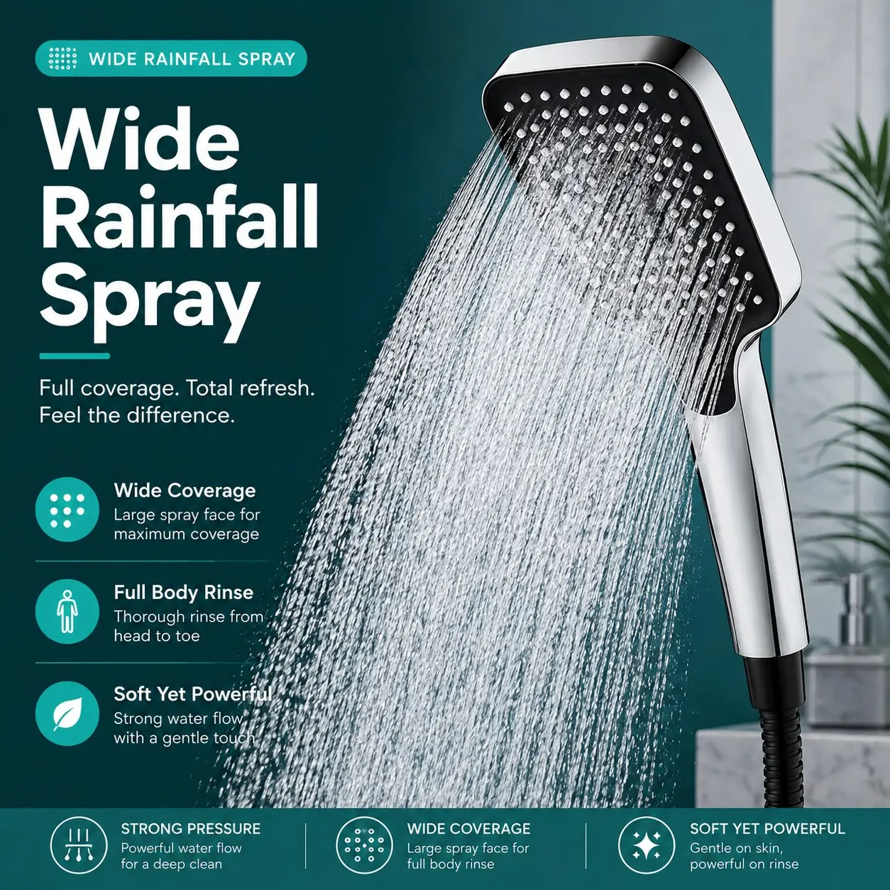 Large-area shower head with silver finish, 3 adjustable modes, high-quality water flow shower faucet, shower head, and bathroom accessories