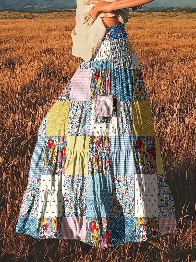 Plus Size Colorblock Print Pocket Skirt, Casual Waist Tie Long Half Skirt, Comfortable and Stylish Women's Fashion