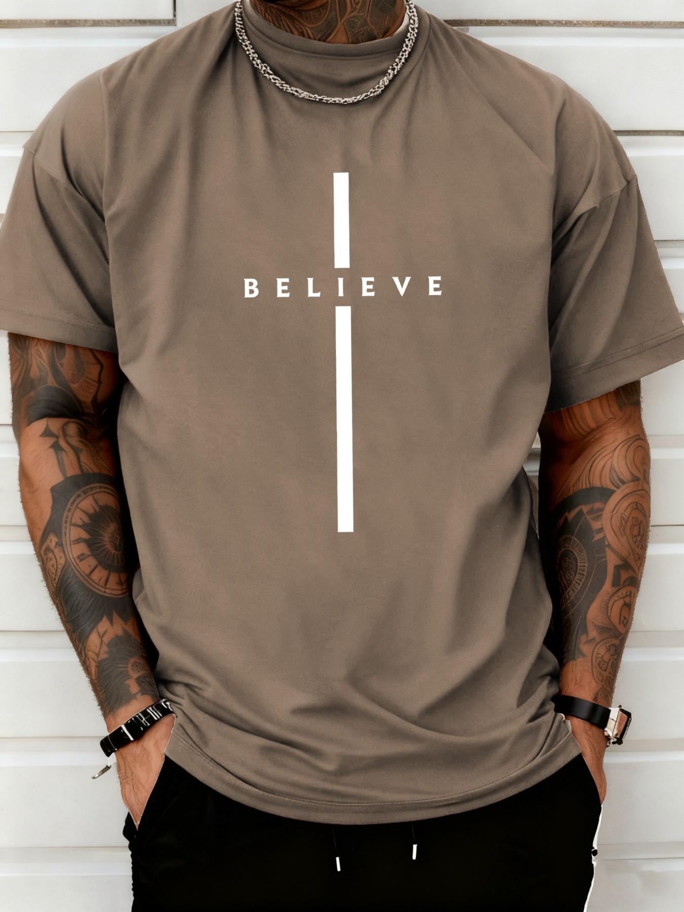 Men's "Believe" Vertical Cross Graphic T-Shirt, Christian Faith Casual Streetwear, Religious Minimalist Short Sleeve Top #ChristianApparel #FaithWear #ReligiousTee #MinimalistFashion #TikTokMadeMeBuyIt