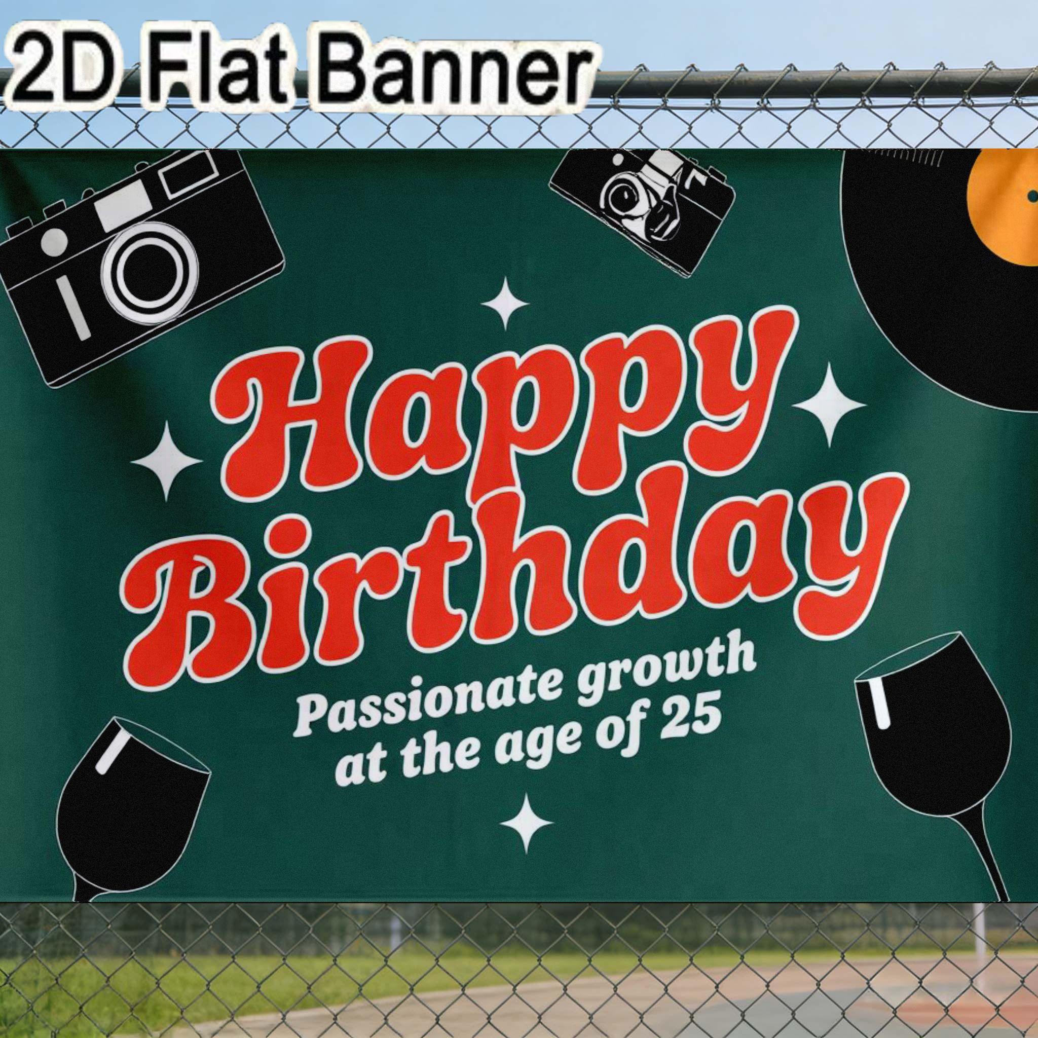 2D flat banner, 1pc25th Birthday Retro Party Backdrop, Red & Green Festive Background with Vinyl, Cameras, Wine Glasses, Star Decorations for 25th Birthday Party Decor