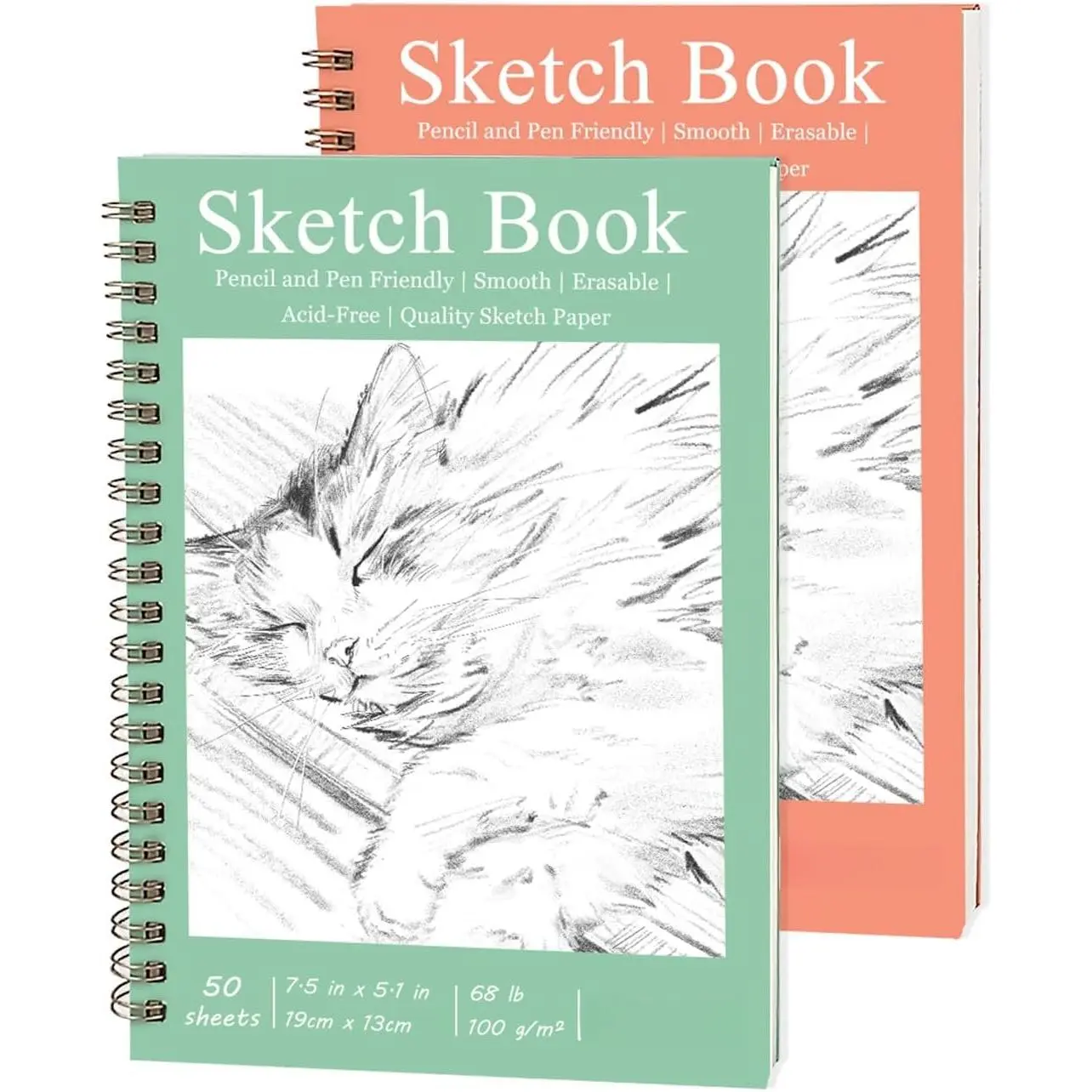2 Pack Hardcover Sketchbooks (100 GSM Sketch Paper), 7.5x5.1 Inch Spiral Sketch Book for Sketching, Drawing, Painting, 50 Sheets per Pack,  and Green