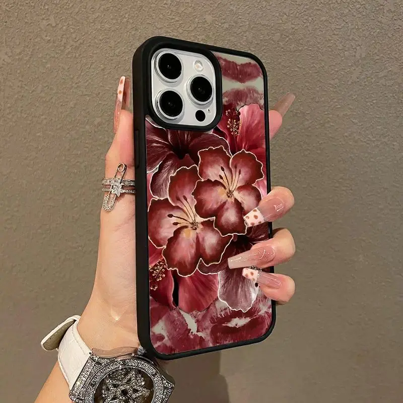 Adorable Burgundy Floral Art Phone Case Compatible with iPhone 11-17 Pro Max, MagSafe Compatible Magnetic Case, Lightweight Anti-Fall Chic Protective Cover