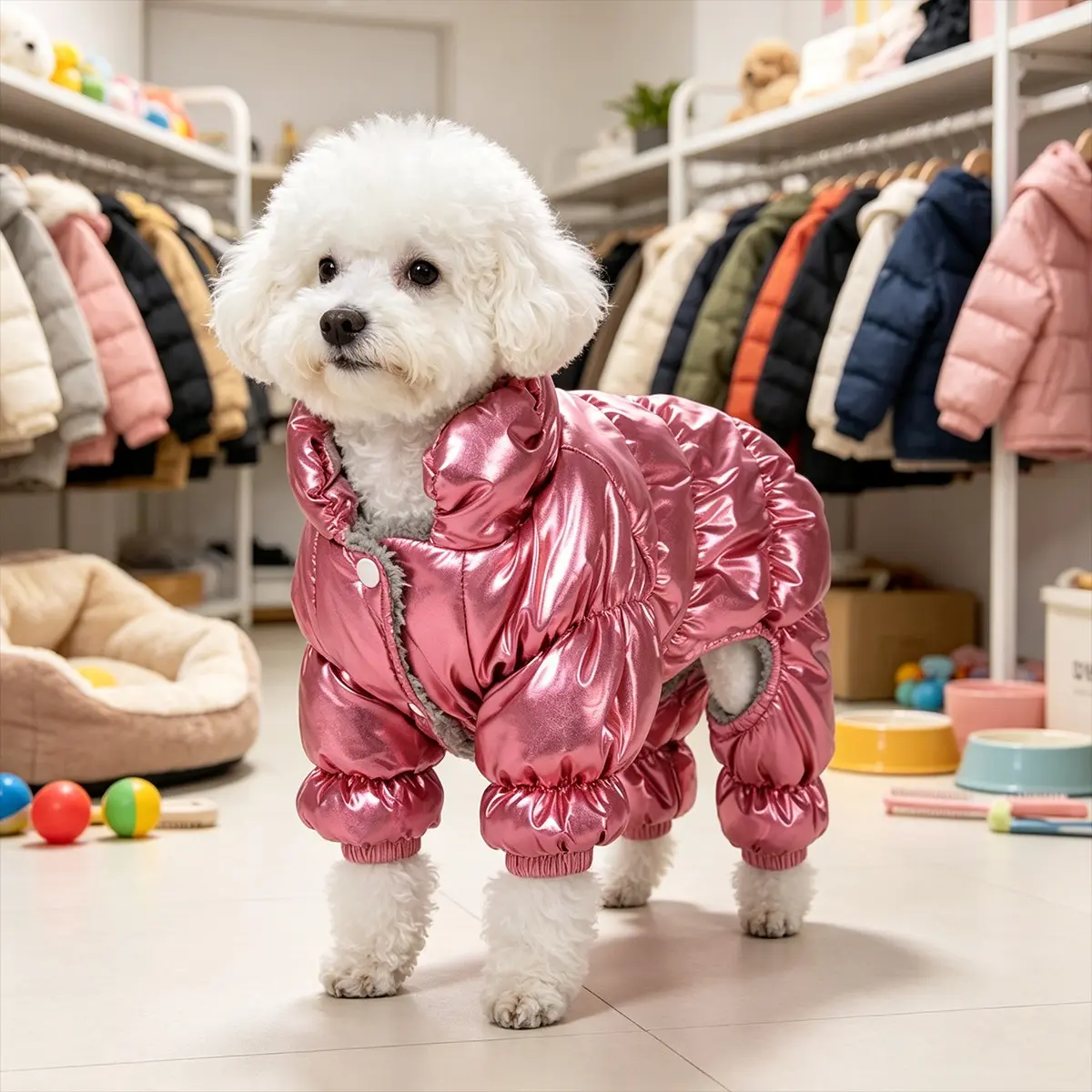 Autumn Winter Pet Coat, Thickened Four-Legged Jacket, Fleece Lining, Windproof Stand Collar, Easy-On Button, Medium Dogs, Teddy, Chihuahua, Pomeranian