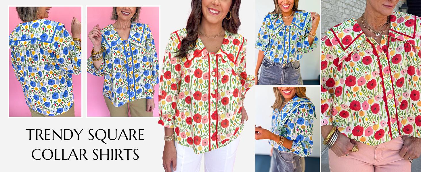 Cicy Bell Women's Floral Button Down Shirts Trendy Casual 3/4 Lantern Sleeve Blouse Square Neck Collared Tops Lightweight Soft Polyester Elastane Cicy Bell Women's Floral Button Down Shirts Trendy Casual 3/4 Lantern Sleeve Blouse Square Neck Collared Tops Lightweight Soft Polyester Elastane