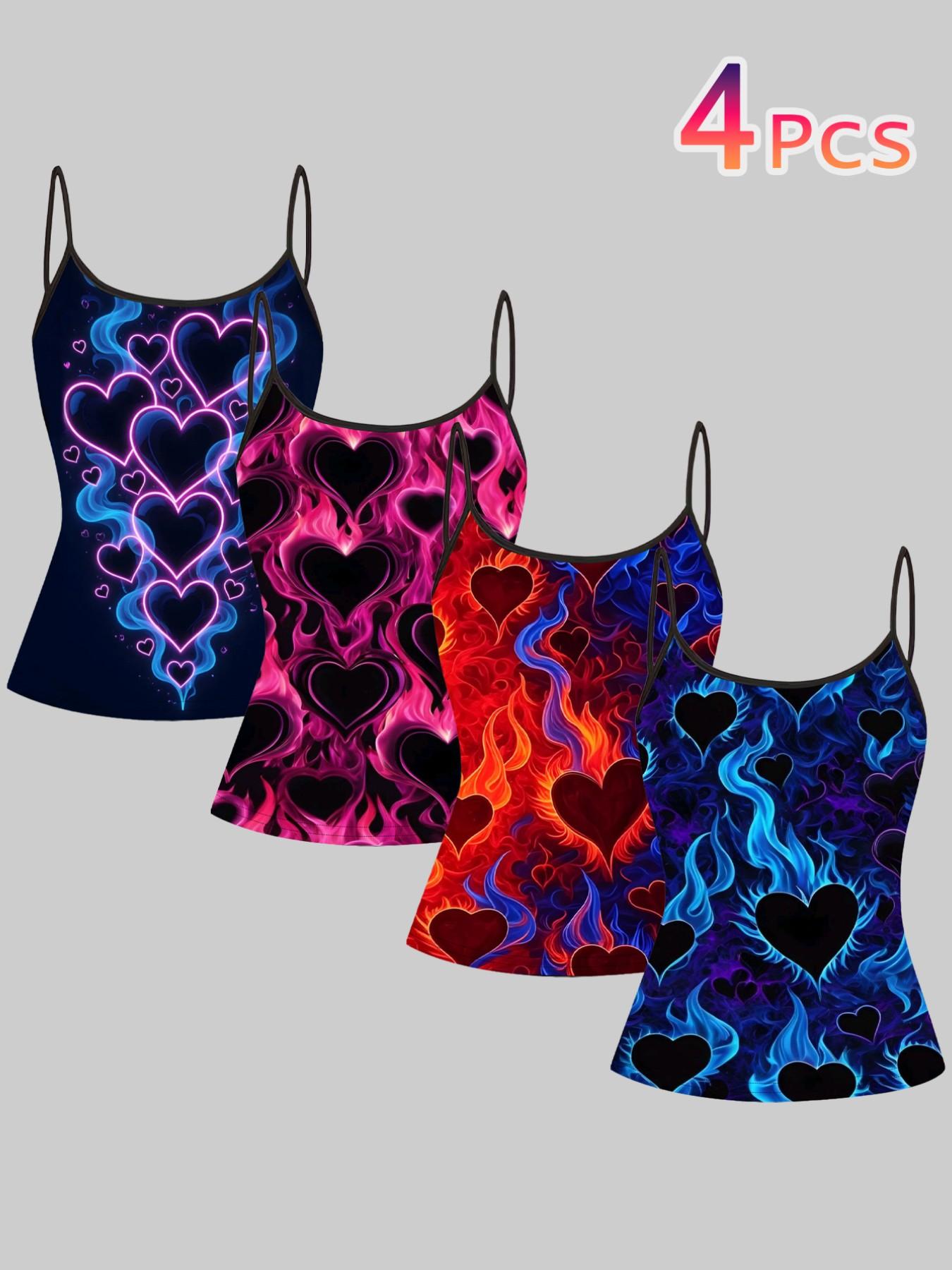 Neon Flame Heart Print Strappy Top, Summer Home Sleepwear Outerwear, Unique Slim-Fit Shirt Set of Four, Casual Style